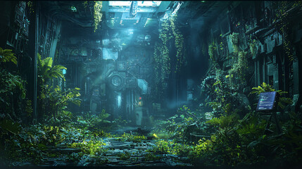 Poster - Ancient building exuding character and history set against a radiant sci-fi environment of mechanical jungle and high-contrast lighting.