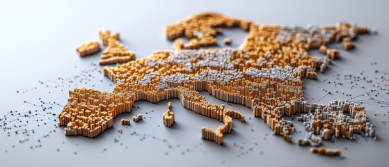 Poster - Stylized three-dimensional European map made from small gold and off-white blocks displayed on a light gray surface for artistic and educational purposes
