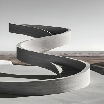 Abstract Spiral Concrete Staircase in Desert Landscape