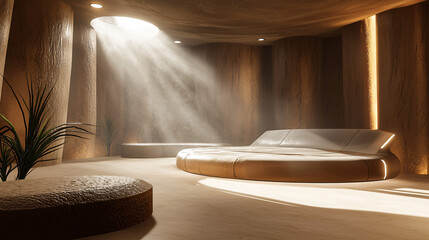 Poster - Serene room with a bed and plant under soft spotlight in a sci-fi microgravity living space.