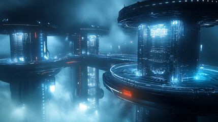 Poster - Futuristic cityscape featuring advanced molecular fabrication hubs under a clear sky with vibrant atmosphere and innovative architecture.