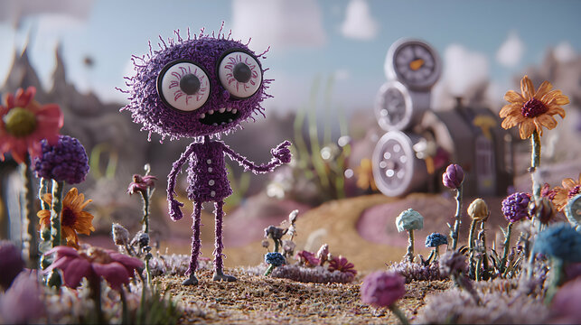 Playful Purple Creature in Whimsical Flower Garden