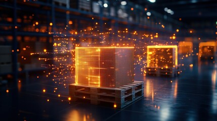 Poster - Two glowing data-filled cubes on wooden pallets in a dark warehouse surrounded by sparkling particles symbolize advanced logistics and data tracking systems