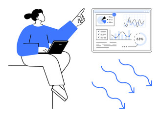 Poster - person with laptop analyzing data charts on screen, visualizing trends and strategies. ideal for ana