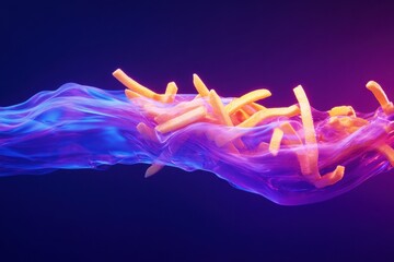 Poster - Floating french fries illuminated by neon lights in dynamic high-speed action