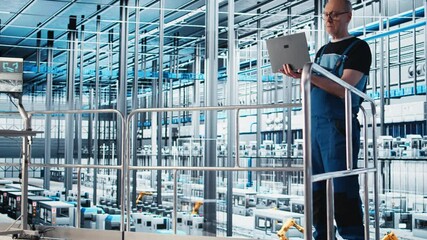 Poster - Industry 4.0 industrial plant expert automating robotic manufacturing machinery using device. Elderly employee implementing artificial intelligence in smart factory using notebook, camera A