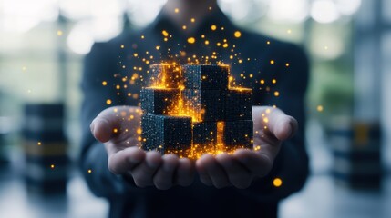 Poster - A person gently holding a glowing three-dimensional cluster of dark cubes emanating light sparks against an abstract blurred background scene