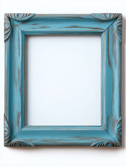 Poster - Empty turquoise blue vintage wooden frame with ornaments is hanging on white wall