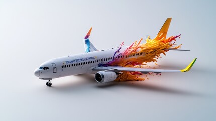 Poster - A colorful explosion of vibrant paint splatter emerges dramatically from a model airplane in a stunning digital art representation of creativity and chaos