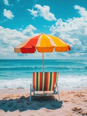 Fototapete - Colorful beach with striped sun lounger and bright umbrella on sandy shore under blue sky