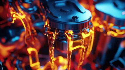 Aufkleber - Close-up view of a high-tech engine piston with flowing gasoline highlighted by neon colors for a dynamic automotive design