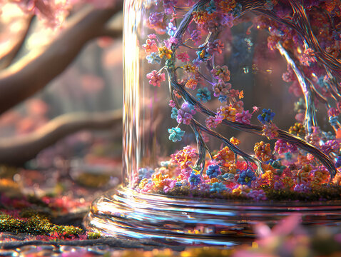Colorful Flowers in Glass Dome Spring Blossom Artistic 3D Render