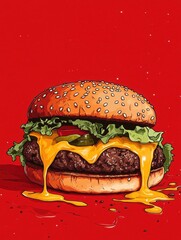 Aufkleber - Juicy cheeseburger with dripping melted cheese and fresh ingredients against a vibrant red background