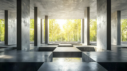 Poster - Modern Concrete Structure with Geometric Pattern and Forest View