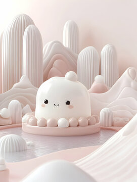 Adorable Pastel Mochi Character in Whimsical 3D Landscape