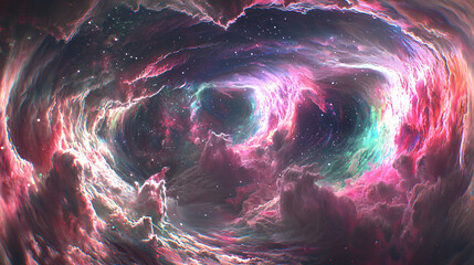 Poster - Ethereal nebula featuring a bright star at its center captured in a dramatic fisheye perspective emphasizing cosmic aurora storms in space.