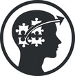 © vadymstock - Silhouette of a head with puzzle pieces and an arrow symbolizing thinking and problem-solving.