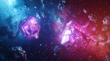 Poster - Striking purple and blue diamond illuminated by backlighting in a cosmic setting surrounded by crystal-like asteroids.