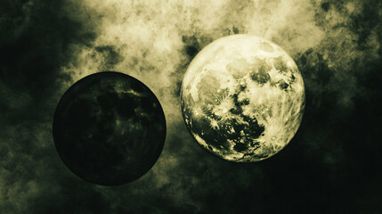Poster - illuminated moon and planet set against a dark cosmic background creating a striking contrast and ca