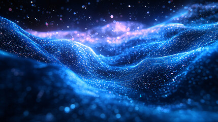 Poster - Striking blue wave captured in hyper-detail with diffused glow set against cosmic gravity wells creating an artistic atmosphere.