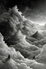 Poster - Monochrome Pixel Art Mountain Landscape Under a Starry Night Sky