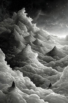 Monochrome Pixel Art Mountain Landscape Under a Starry Night Sky