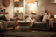 © Pixel-Shot - Interior of living room with sofas, coffee table and glowing lamps
