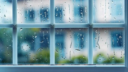 Poster - Calm and Tranquility Close Up of Window with Raindrops on Glass, Blurred Background of Greenery and Buildings on Rainy Day