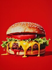 Aufkleber - Juicy cheeseburger bursting with melted cheese, fresh lettuce, and tomato on a sesame bun against a vibrant red background