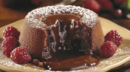 Aufkleber - Decadent molten chocolate lava cake with flowing center and fresh berries