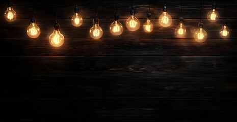 Poster - A beautiful arrangement of glowing light bulbs against a dark wooden background, creating a warm and inviting atmosphere.
