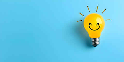 Wall Mural - a cheerful light bulb with a smiling face on a blue background, symbolizing creativity and innovatio