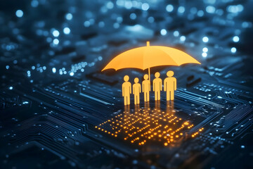 Poster - A digital illustration of silhouettes under an umbrella, symbolizing protection in the technology sector amidst electronic circuits.