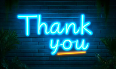 Poster - A vibrant neon sign that reads 'Thank you' against a textured wall, radiating positivity and appreciation in a modern style.