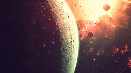 Poster - enigmatic space scene featuring planets and stars with supermassive black holes and ambient light cr