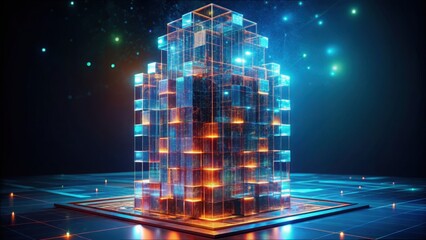 Poster - Futuristic Layered Tower Constructed with Glowing Digital Code
