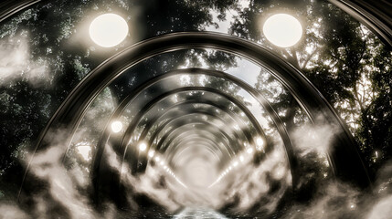 Poster - Enchanting tunnel of trees and clouds forming a surreal pathway through nature creating a dreamlike atmosphere with atmospheric fog.