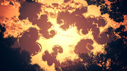 Poster - Radiant sun peeking through dense trees creating a dreamlike and surreal atmosphere with soft light filtering through the leaves in nature.