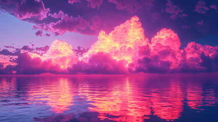 Poster - Breathtaking sunset over the ocean with color-saturated clouds glowing brightly against the darkening sky creating a serene landscape.