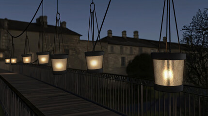 Poster - A bridge adorned with hanging lanterns creating a dreamlike and surreal scene illuminated by soft light and enchanting atmosphere.