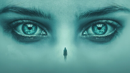 Poster - Surreal dreamlike portrait of a person with striking blue eyes captured in an ethereal atmosphere surrounded by soft lighting and fantasy.