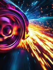Fototapete - Vibrant car wheel glowing in neon colors, leaving a dynamic trail of energy through the night