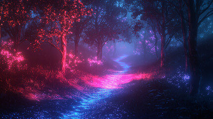 Poster - Serene pathway winding through a lush forest surrounded by nature's beauty inviting exploration in a dreamlike surreal environment.
