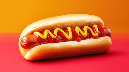 Poster - Classic hot dog with mustard and ketchup on a vibrant background perfect for summer barbecues and picnics