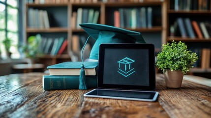 Poster - e learning concept image tablet computer on wooden desk book bachelor s cap icon and blackboard front view image