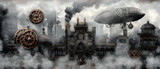 Steampunk Cityscape with Clockwork Gears and Airship