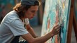 © Leonardo - A skater guy painting on a large canvas, completely immersed in their work with intense focus and passion.