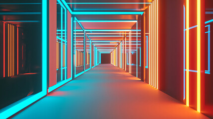 Poster - Surreal long corridor illuminated by vibrant neon lights creating a dreamlike infinite passageway with an eerie atmosphere.