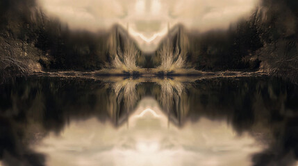 Poster - Enchanting forest landscape with serene lake surrounded by lush greenery and dreamlike low-key lighting creating a surreal reflection.
