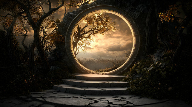 Stone Portal to a Golden Sunset Landscape
